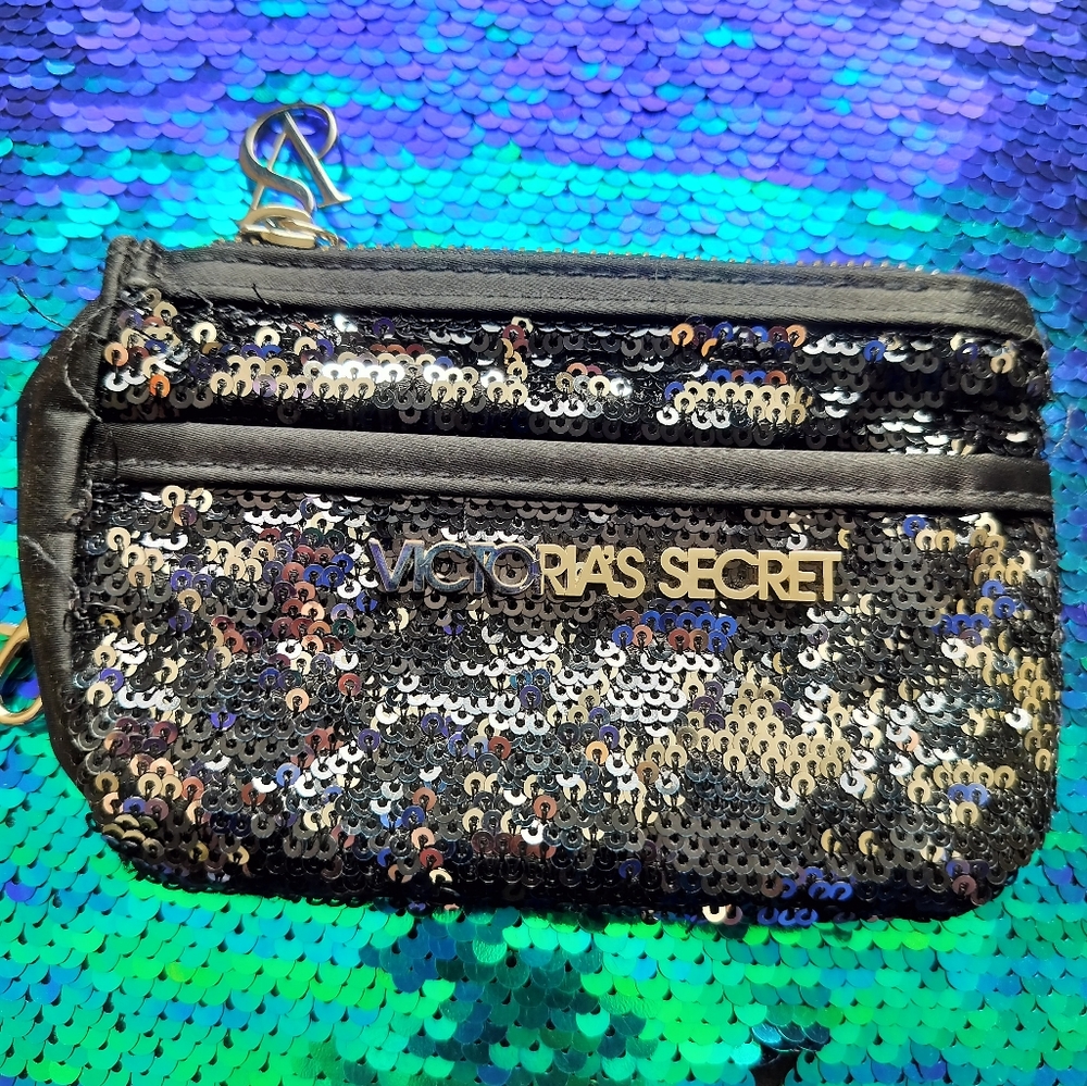 Victoria's secret card holder coin purse small compact wallet sequins key ring